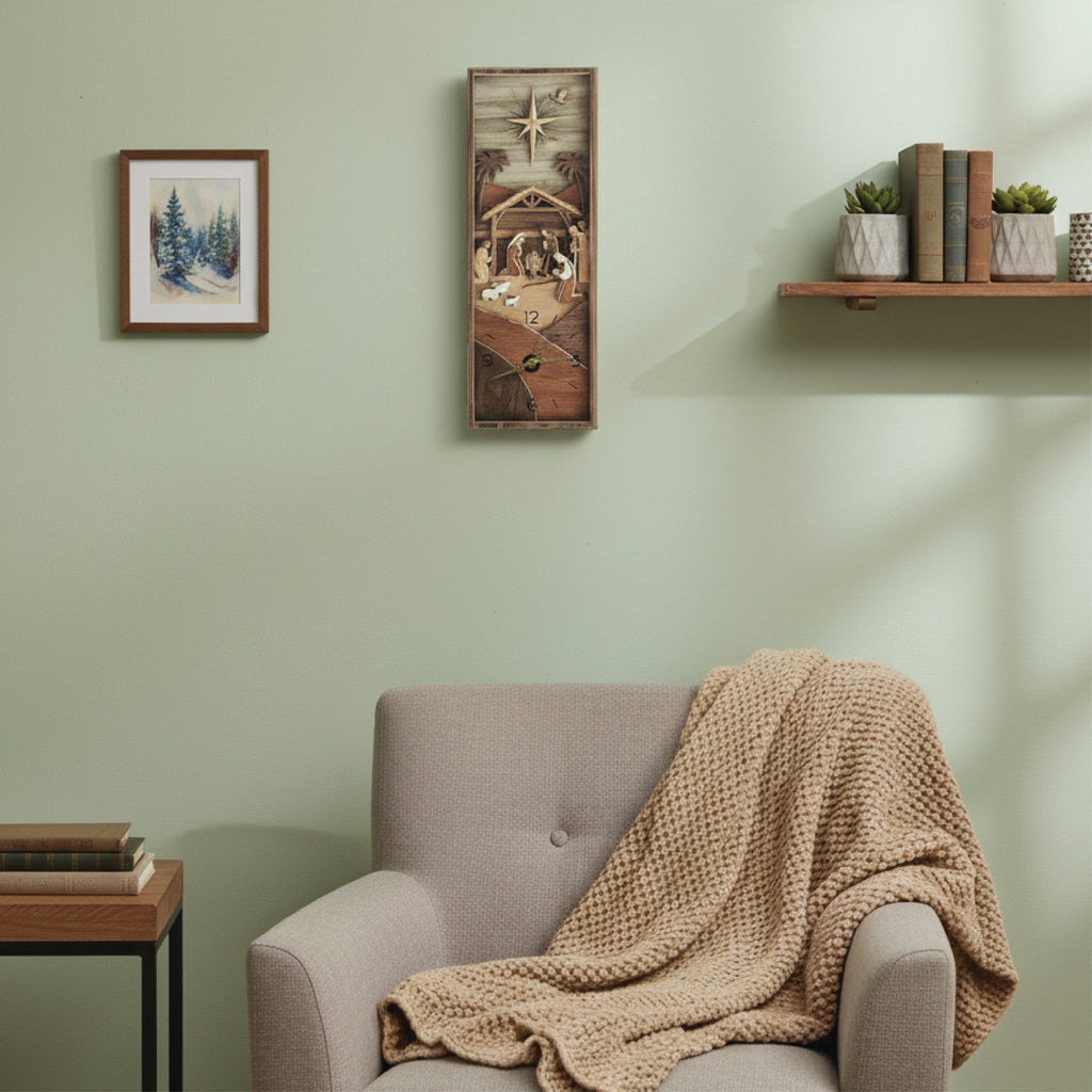 Wood Nativity seen clock