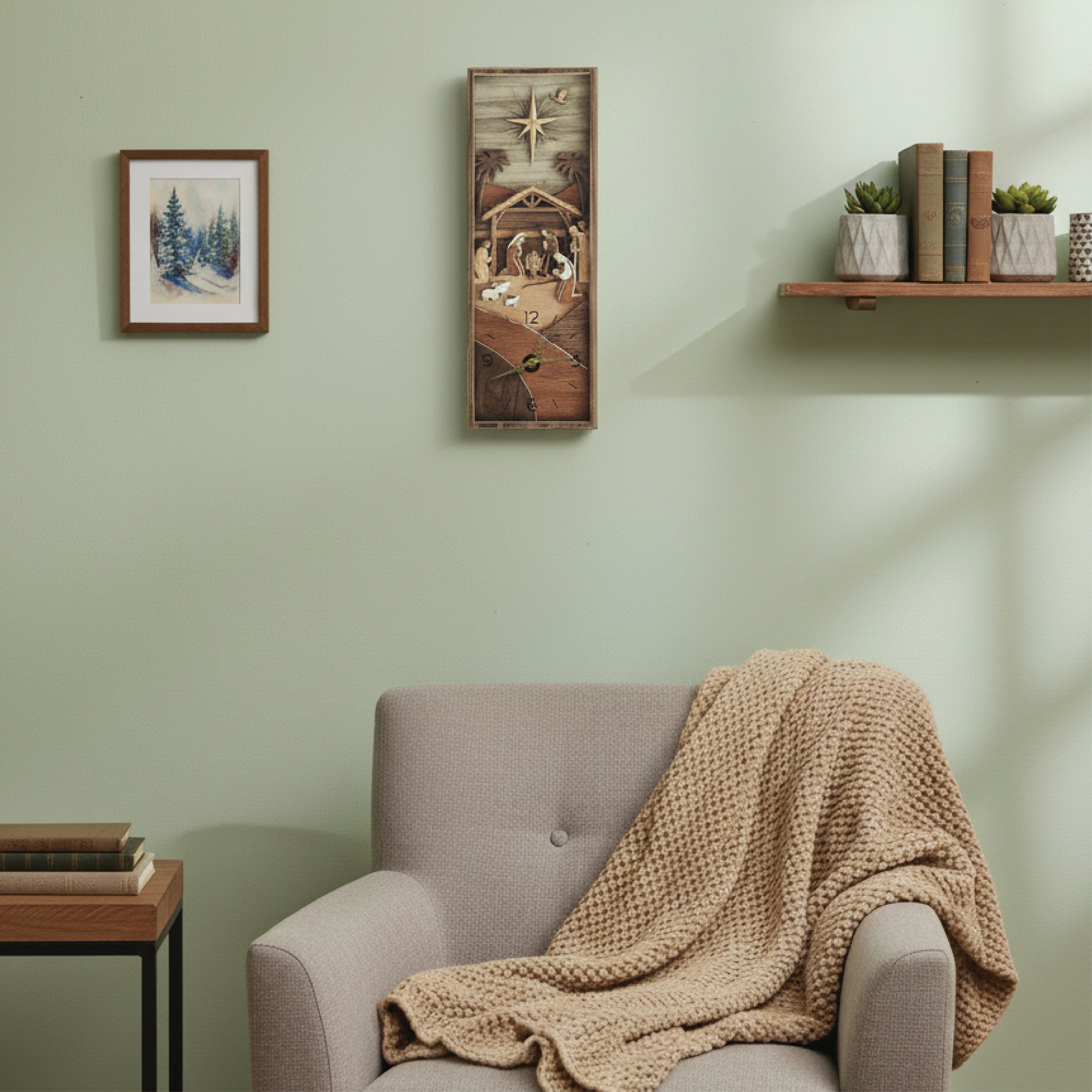 Wood Nativity seen clock