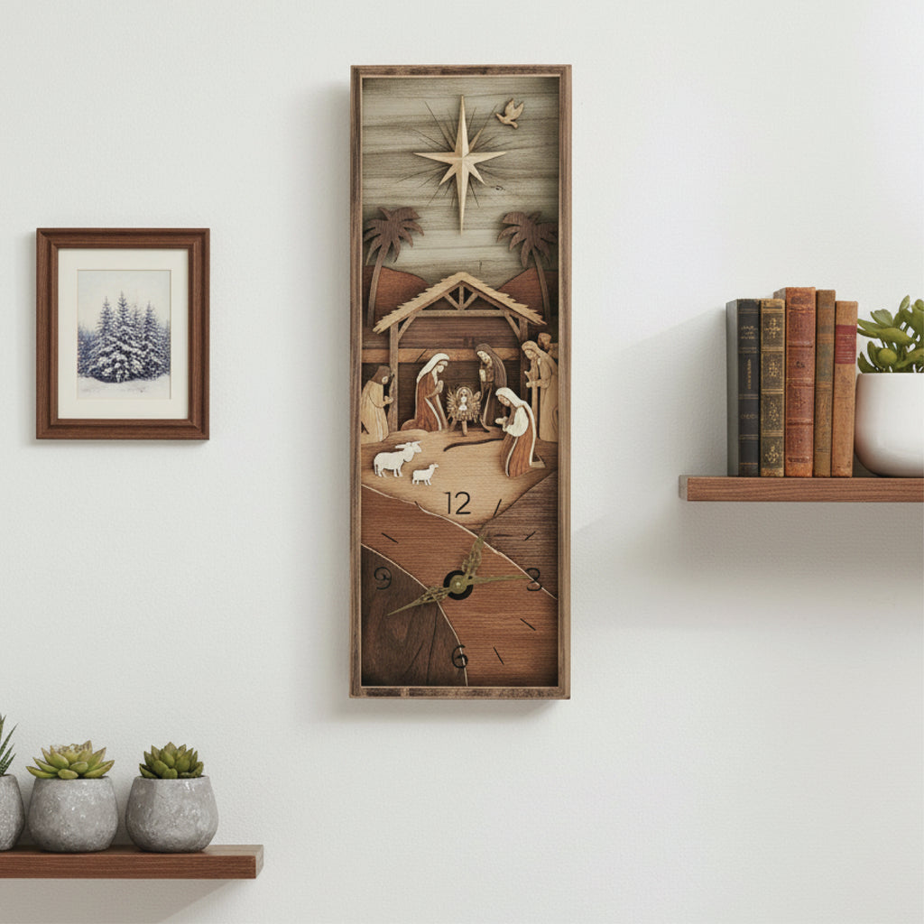 Wood Nativity seen clock